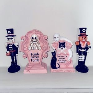 Pink Halloween Nutcrackers Tomb Sweet Tombstone Ghost Skeleton Pumpkin Vintage